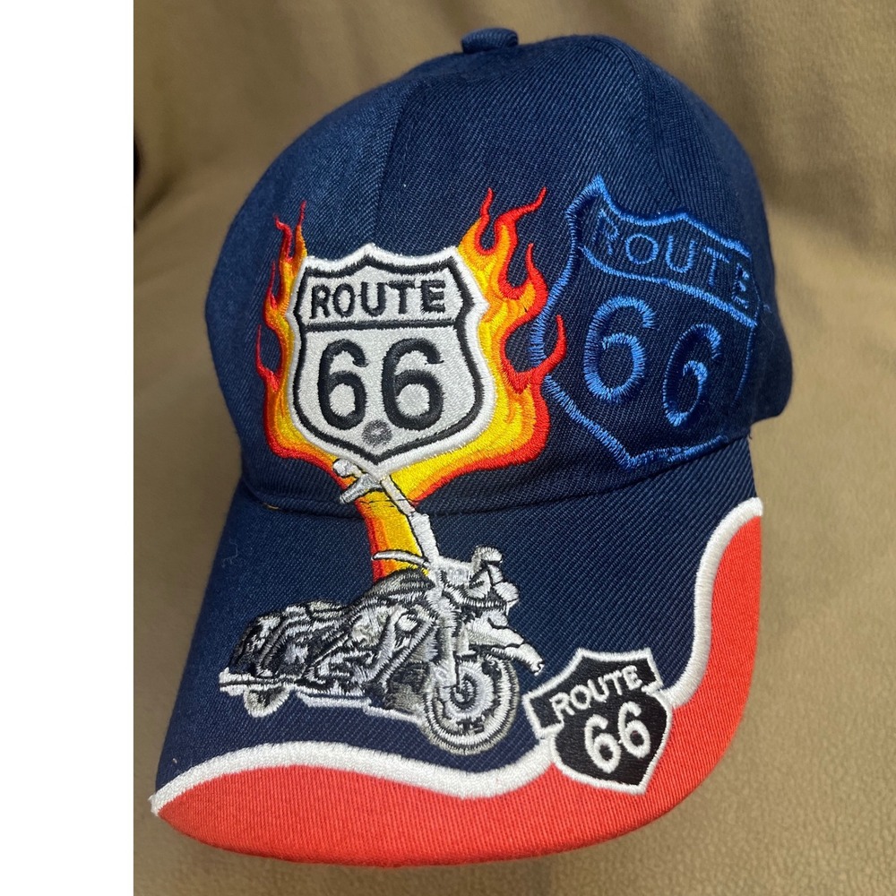 Route 66 Motorcycle Flames Baseball Cap Men One Size Navy Blue‎ Red Santo Cap